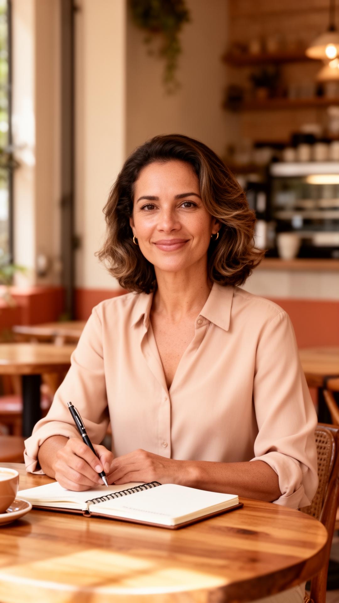 Empreendedora escrevendo seu plano de negócio em um café